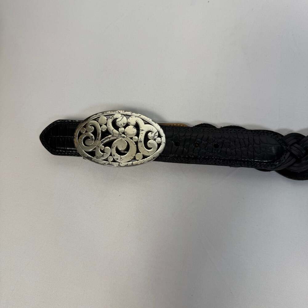 Brighton Black Braided Leather Belt with Silver Scrolled Buckle Size 38 - Picture 2 of 6